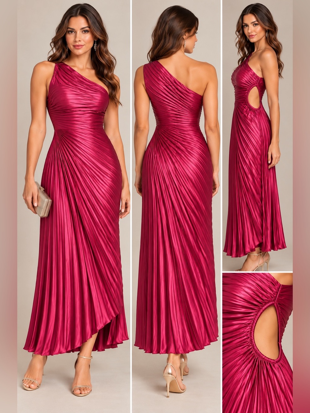 New Fashion Berry Pink One Shoulder Pleated Cutout Maxi Dress Size 6 NWT